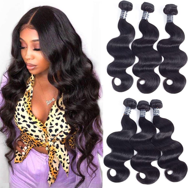 Amella Hair 8A Brazilian Body Wave Bundles  3 Pack 100 Unprocessed Virgin Human Hair Weave  Natural Black 22 24 24